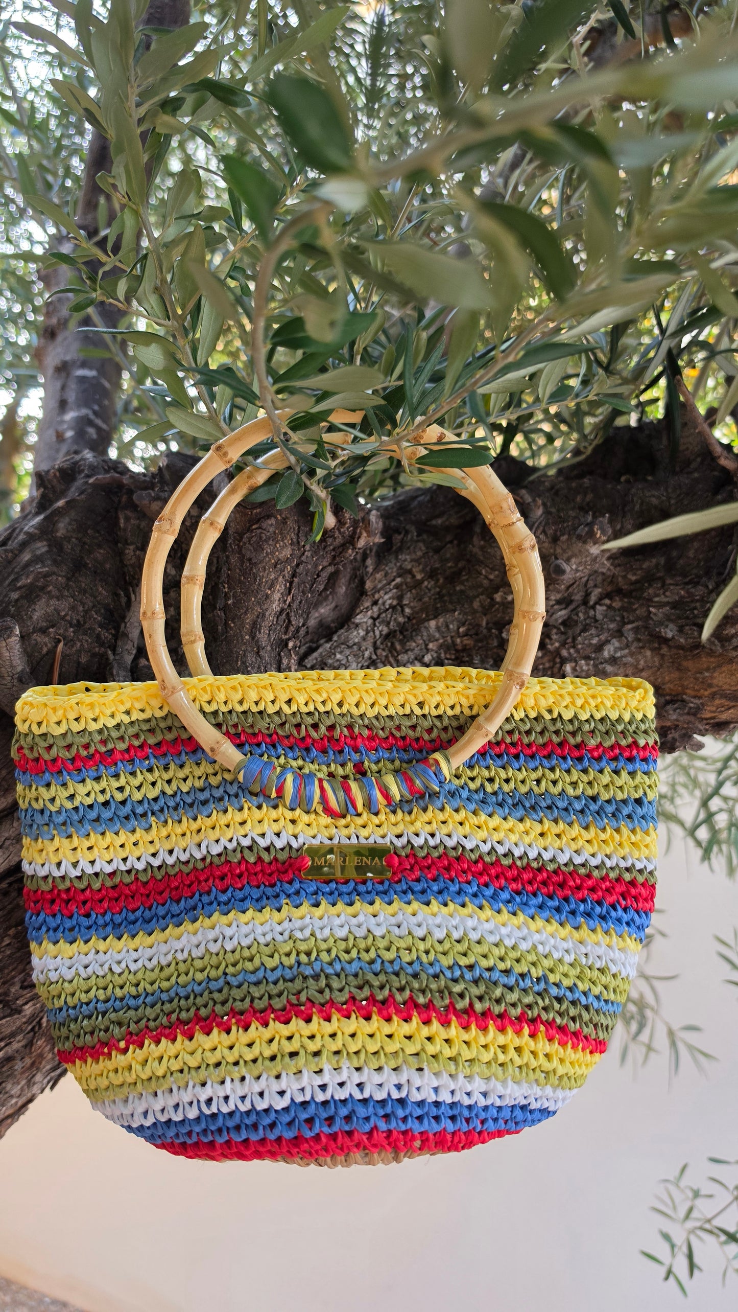 Raffia Colorfull Bag with Bamboo Handles - Fania