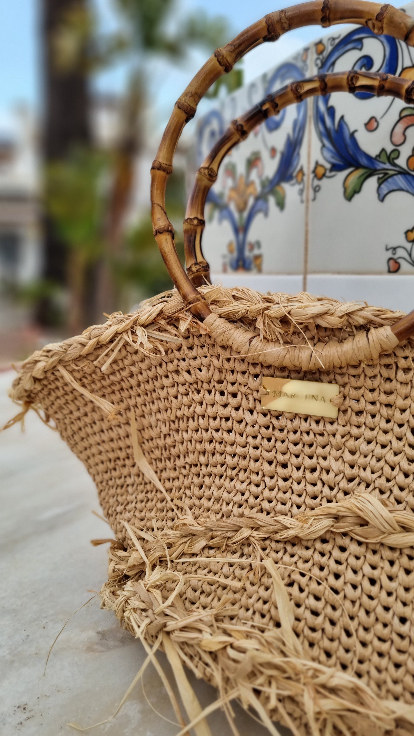 Raffia shopper Bag with Bamboo Handles - Vinia