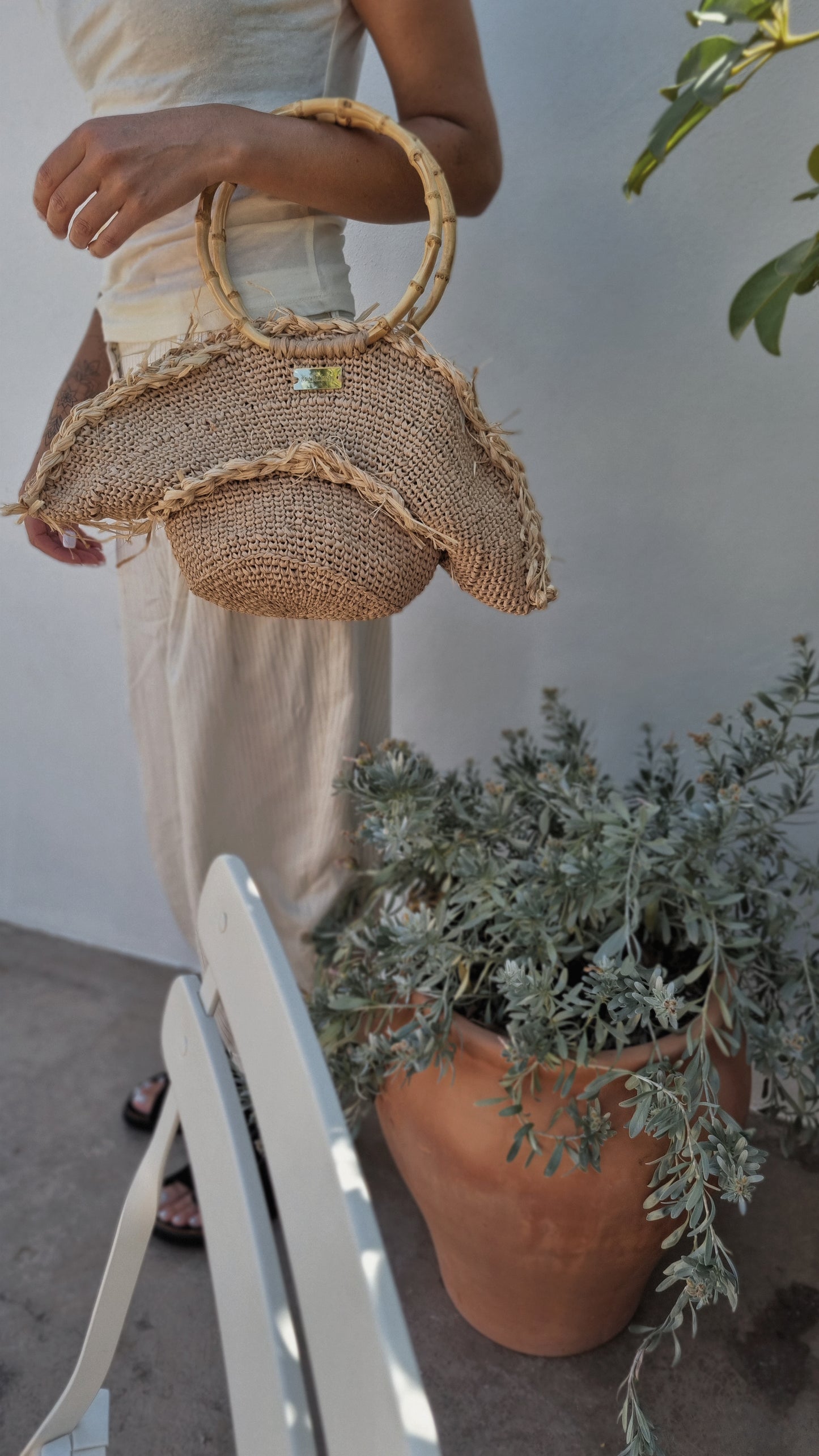 Raffia shopper Bag with Bamboo Handles - Sibilla
