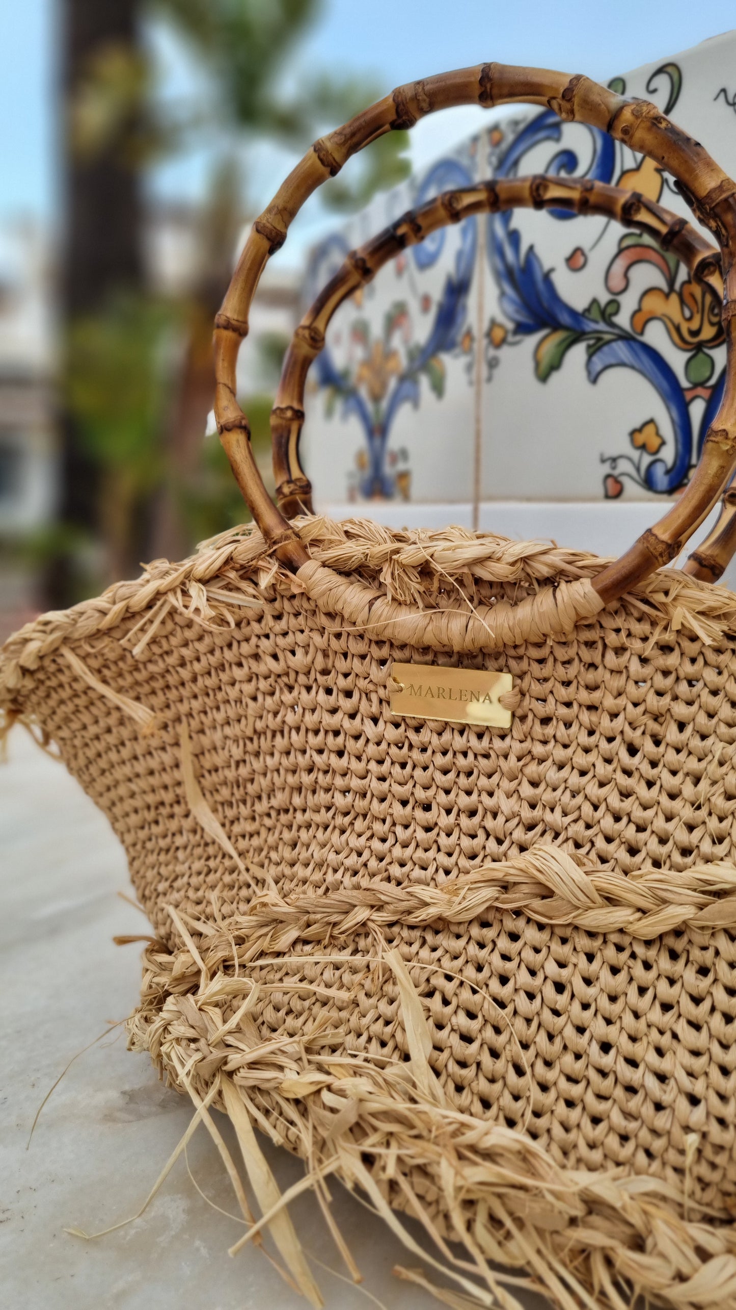 Raffia shopper Bag with Bamboo Handles - Vinia