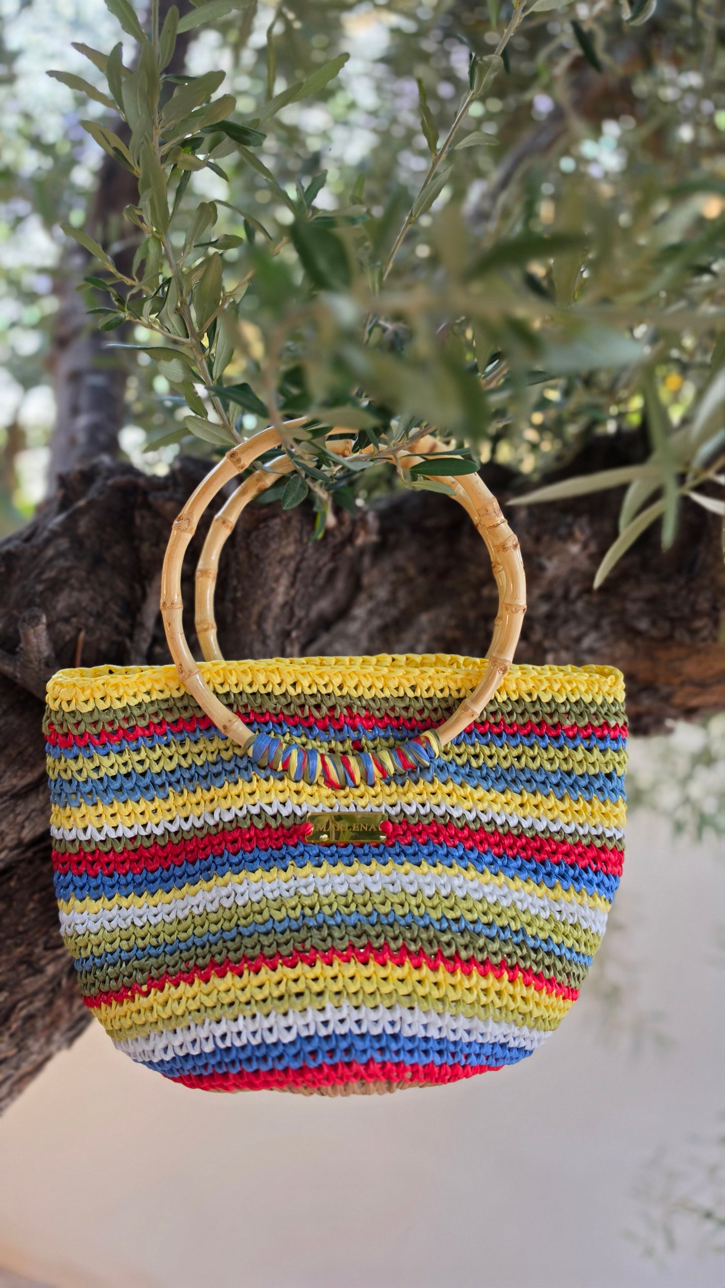 Raffia Colorfull Bag with Bamboo Handles - Fania