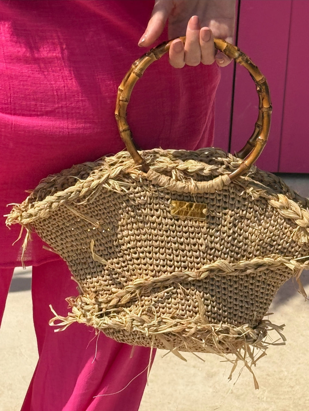 Raffia shopper Bag with Bamboo Handles - Vinia