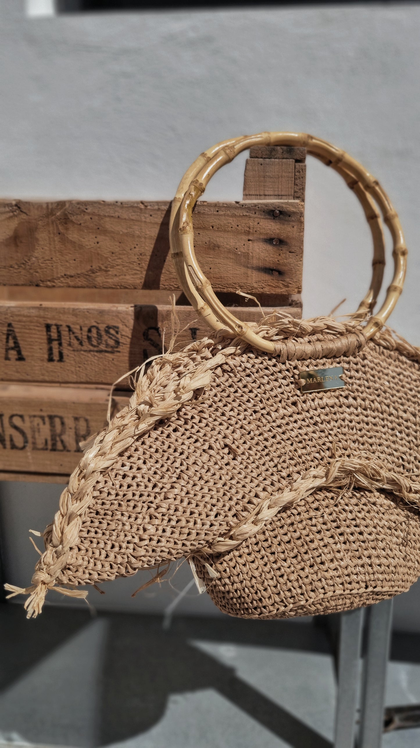 Raffia shopper Bag with Bamboo Handles - Sibilla